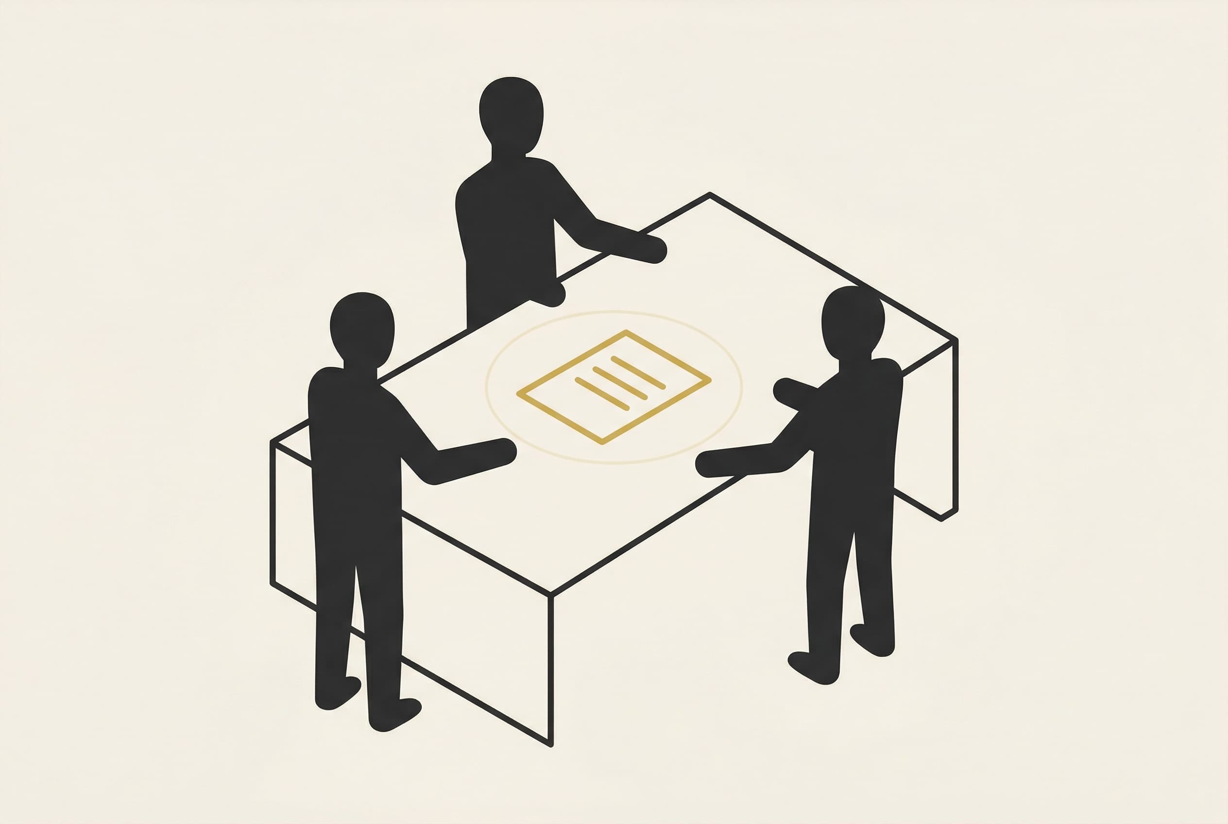 Illustration of a marketing team planning a monthly growth backlog around a table