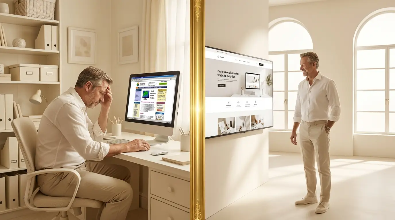 Split scene showing a frustrated business owner with a DIY website versus a confident owner with a professional site