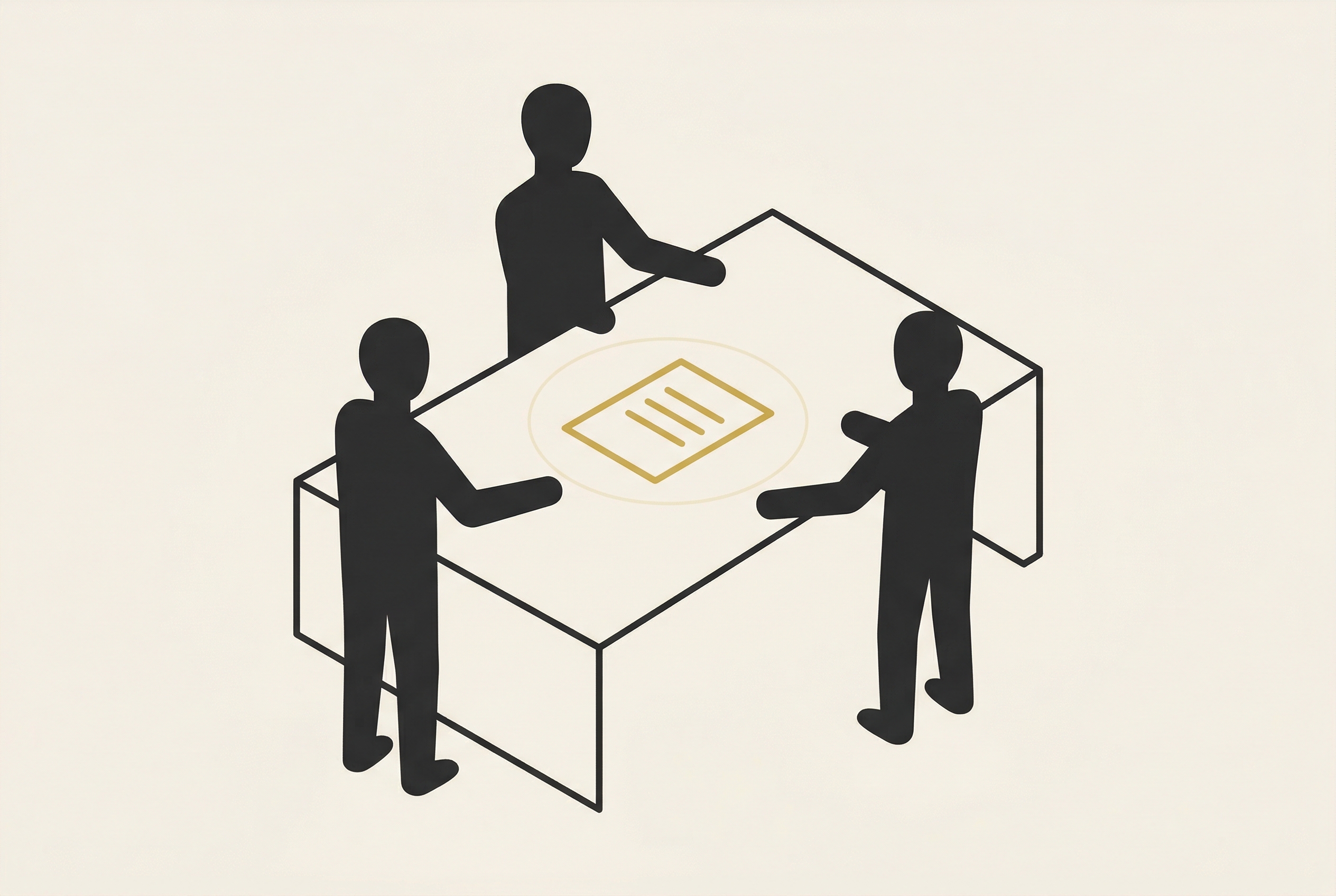 Illustration of a marketing team planning a monthly growth backlog around a table