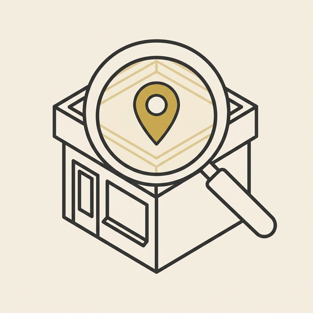 Illustration of a location pin under a magnifying glass for Miami neighborhood SEO pages